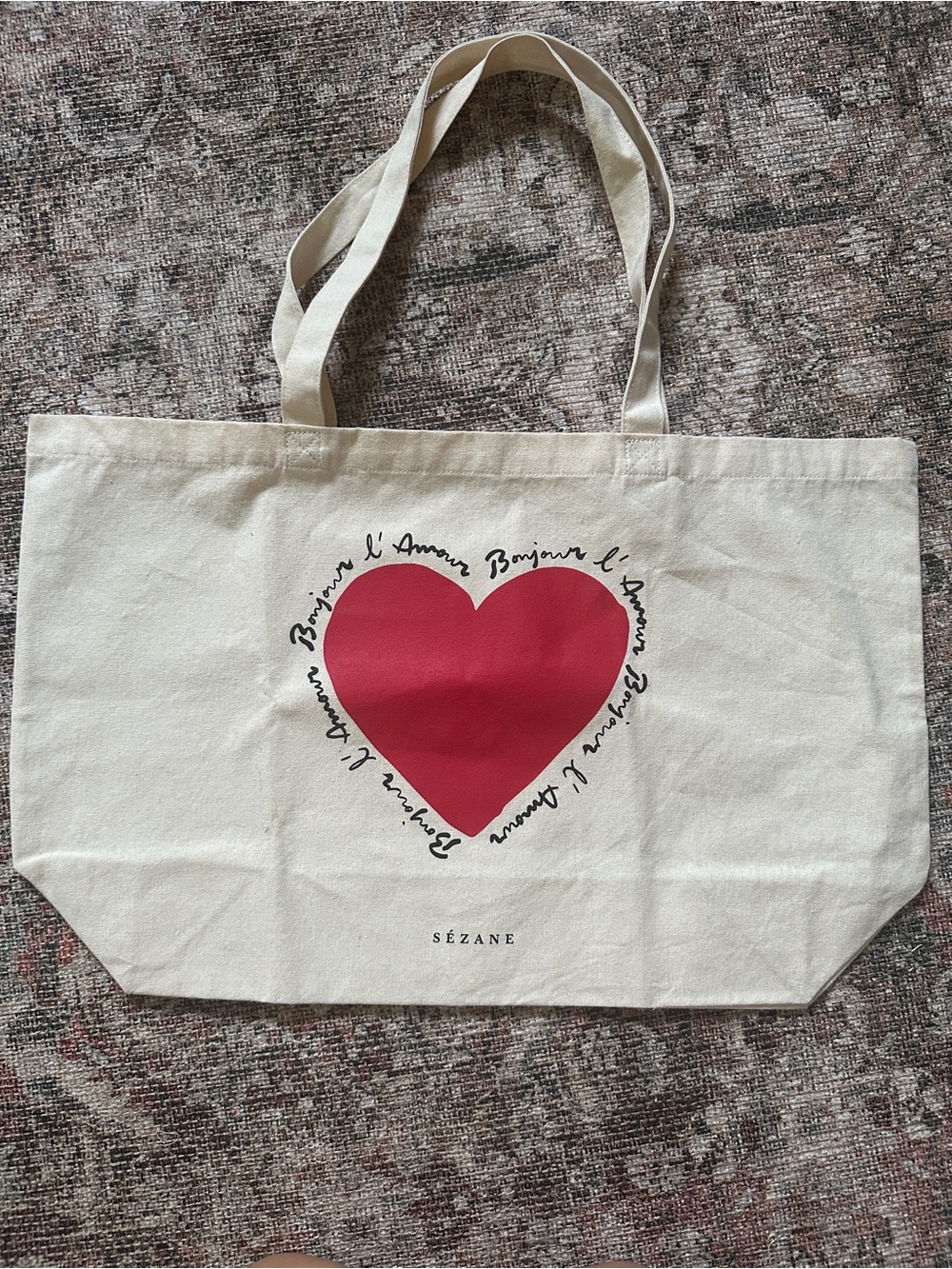 Sezane Cream Canvas Tote with Red Heart